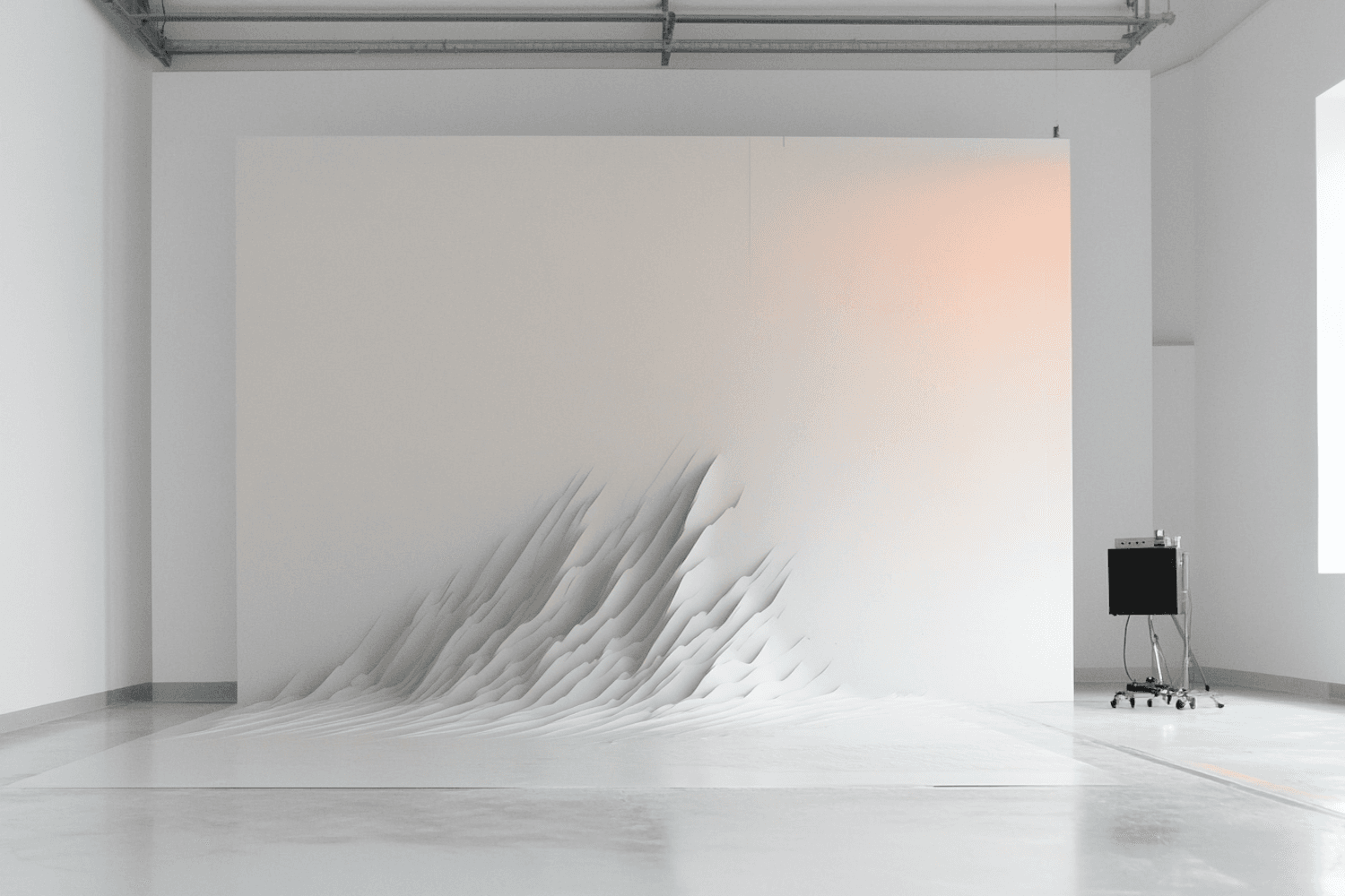 White gallery with a sculptural paper wave installation lit by a soft peach glow