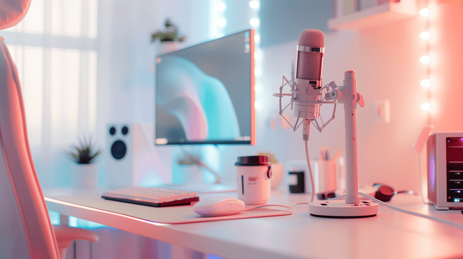 Studio desk with a microphone, monitor and speakers bathed in soft pink and blue light