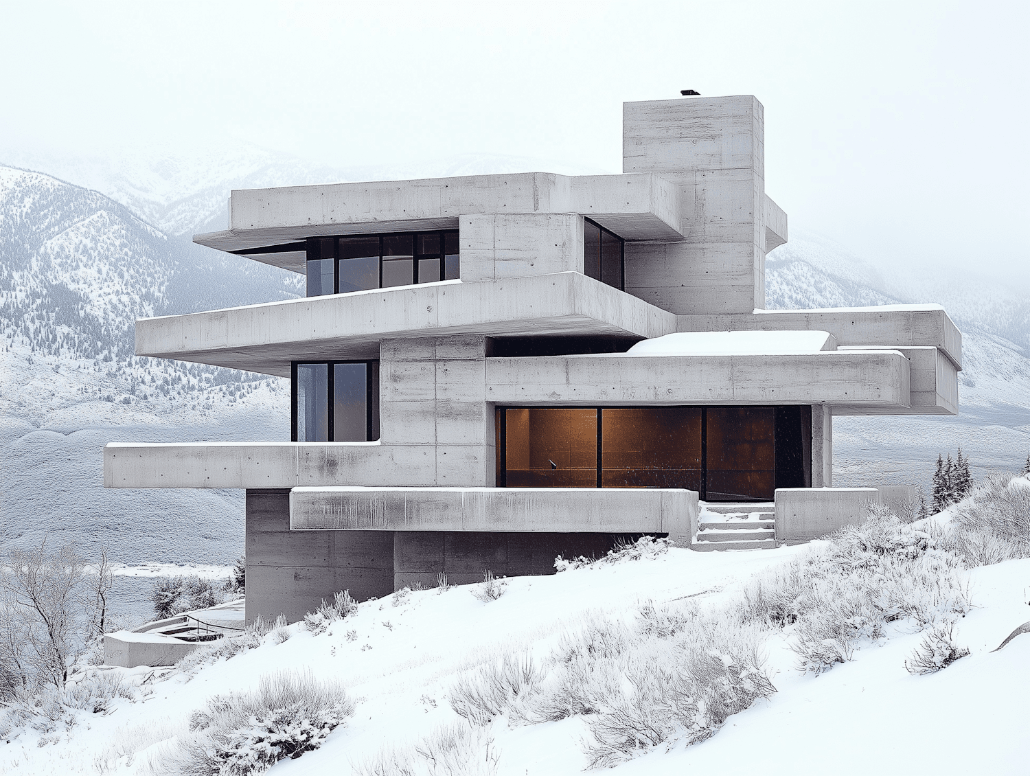 Layered concrete house with warm lit windows on a snowy mountain slope