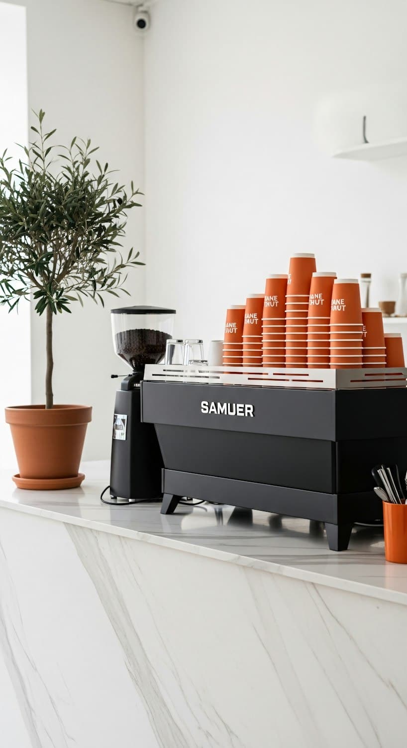 Halden café counter with a black espresso machine and stacks of ember-orange cups